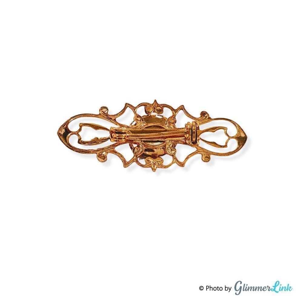 Victorian Style Gold Tone Faux Fire Opal Filigree Bar Brooch - Picture 2 of 4